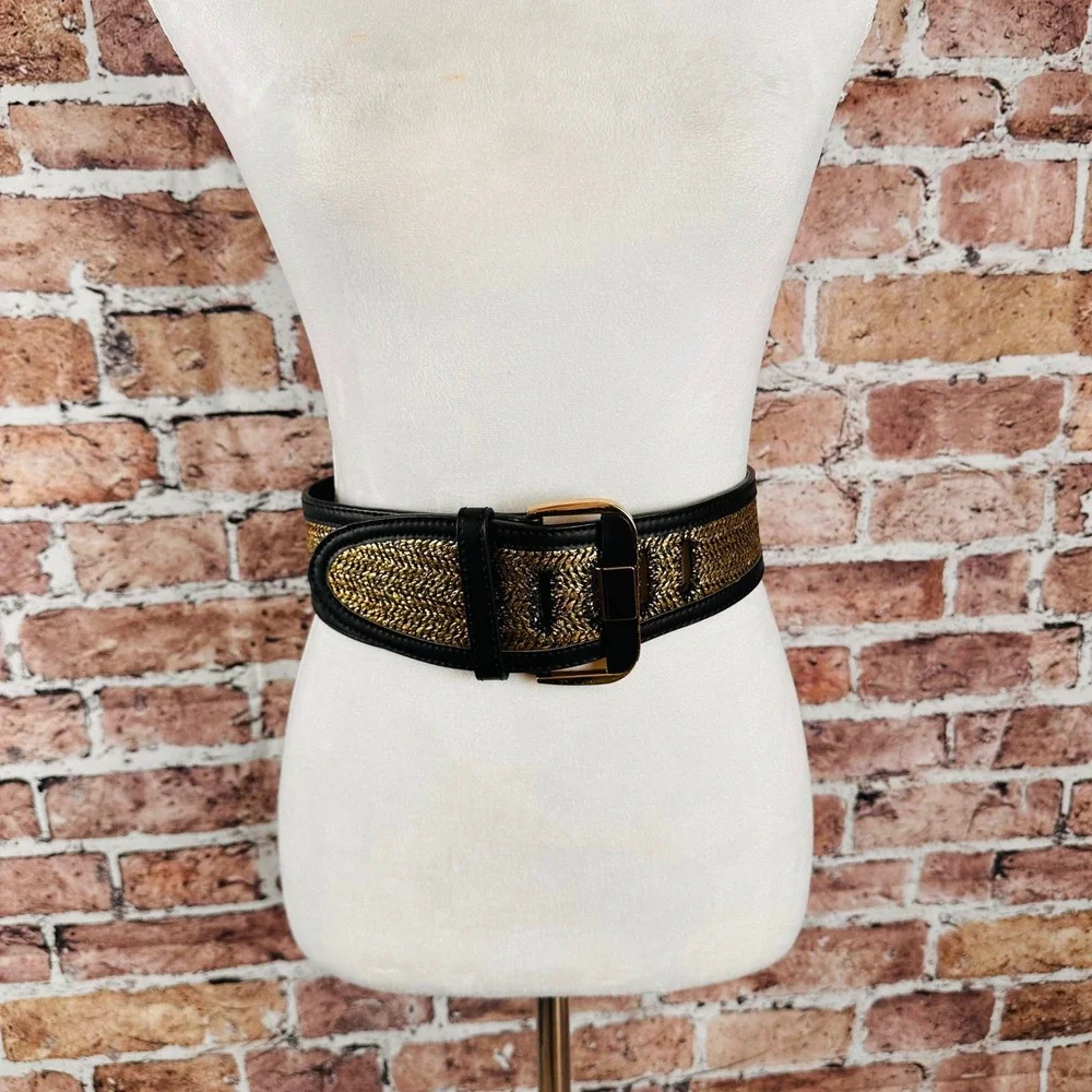 Bebe Womens Wide Waist Belt Black Gold Metallic Woven w/Black Buckle Size P S